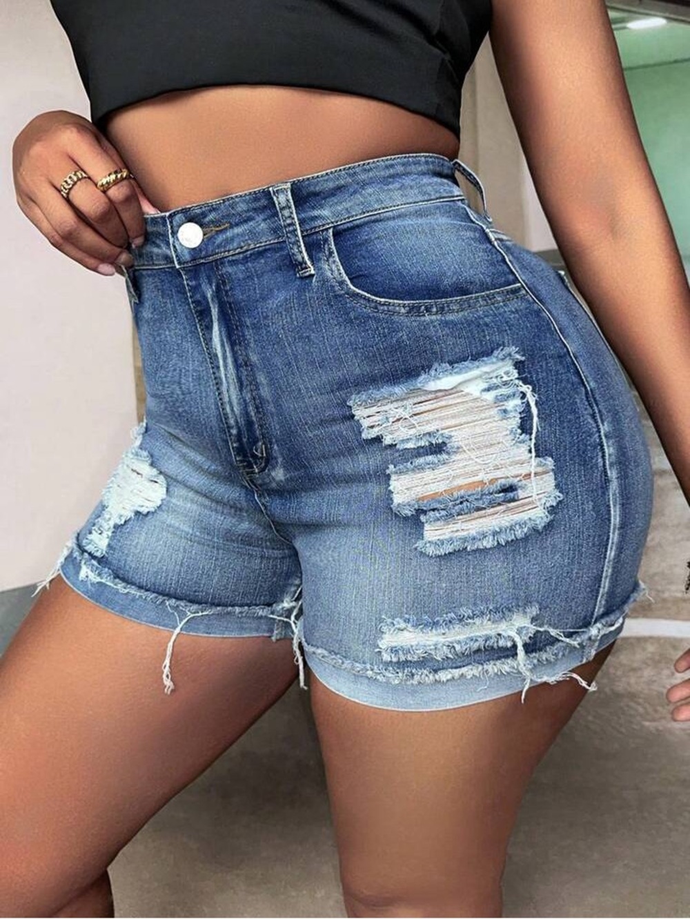 SHEIN Blue High-Rise Distressed Denim Shorts - Picture 2 of 7
